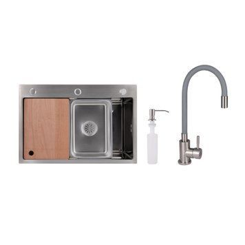 Акційний набір Lidz: мийка H6845 Decor 3,0/1,0 мм + Змішувач Aria для кухні з гнучким виливом (k35) Grey SD00057363 фото