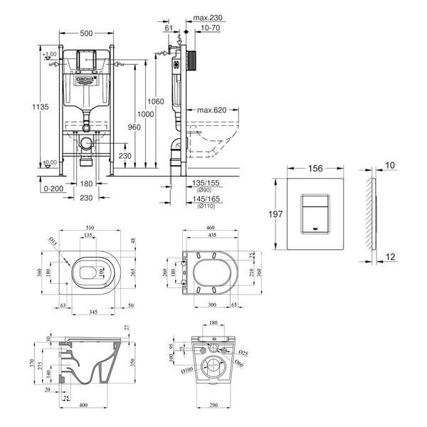 Комплект 4 в 1 : Інсталяція Grohe Solido 2 в 1 38971000 + Панель змиву для унітаза Grohe Even 389662430 + Унітаз підвісний безобідковий Kroner Armada WHI513636 TORNADO (38971966243KA51T) CV037771 фото