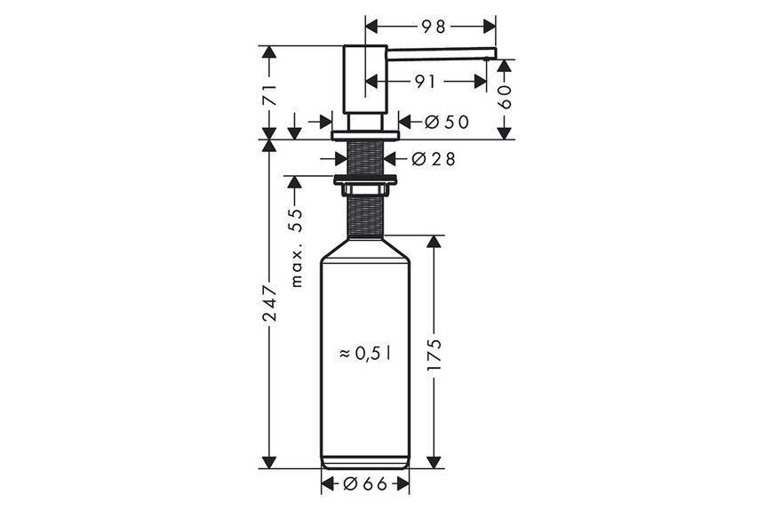 Дозатор кухонний AXOR Uno для миючого засобу 500 ml врізний, Stainless Steel Finish (42818800) 42818800 фото