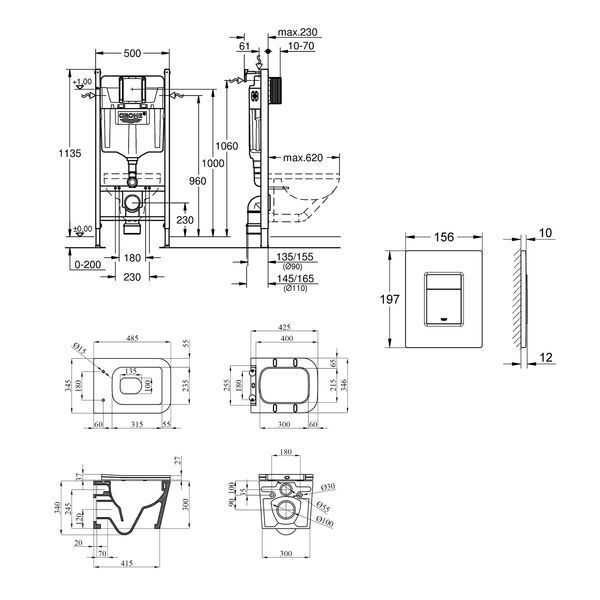 Комплект 4 в 1: Інсталяція Grohe Solido 2 в 1 38971000 + Панель змиву для унітаза Grohe Even Black 38966KV0 + Унітаз підвісний безобідковий Kroner Eifel WHI483429 TORNADO (38971966KV0KE48T) CV036753 фото