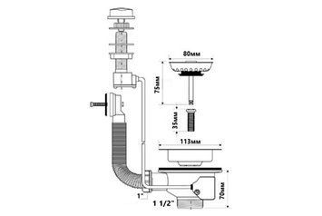 Злив для кухонної мийки (автомат) з квадратним переливом PUFS113R-CP 11/2 PUFS113R-CP фото